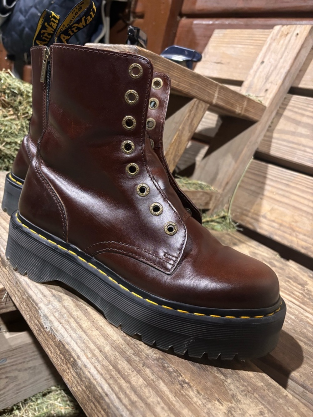 Dr. Martens Jadon Brown Leather Platform Boots with Yellow Stitching - Picture 5 of 6